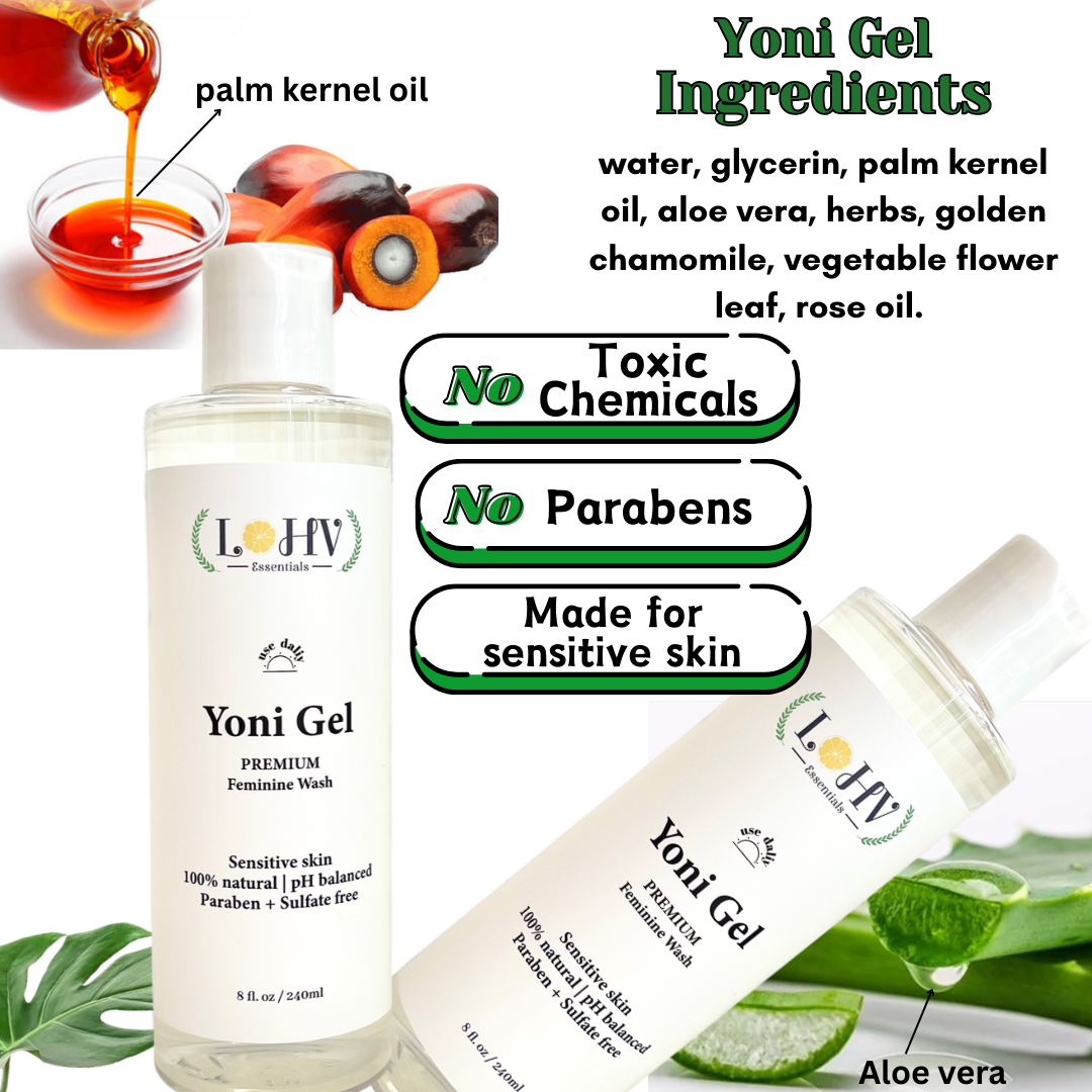 PREMIUM Herbal LOHV YONI GEL pH Balancing Intimate Wash: Eliminate Odor, Cleanse Vulva, Maintain a Healthy pH Balance with Palm Kernel Oil + Rose Oil + Aloe Vera Leaf